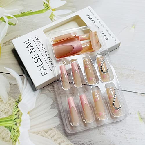 Glitter French Tips Press on Nails Long Square Fake Nails Pink Full French-1 - Bild 2 von 7