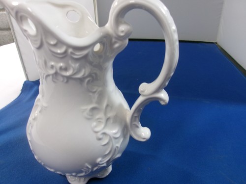 Vintage White Napcoware Provincial Pitcher Ornate Handle Embossed Pattern C-7105 - Picture 3 of 7