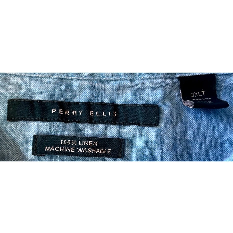 Perry Ellis Linen Shirt 3XLT Teal Blue Short Sleeve Button Down Lightweight  - Image 3 of 4
