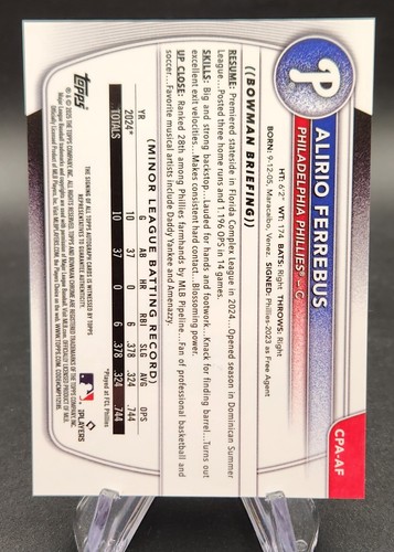 2025 Bowman Chrome Alirio Ferrebus Auto 1st Prospect #CPA-AF Phillies - Picture 2 of 2