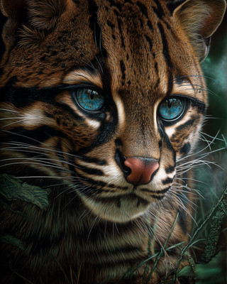 8x10 Ocelot face close-up - rainforest, striped face, spotted coat - 221040006