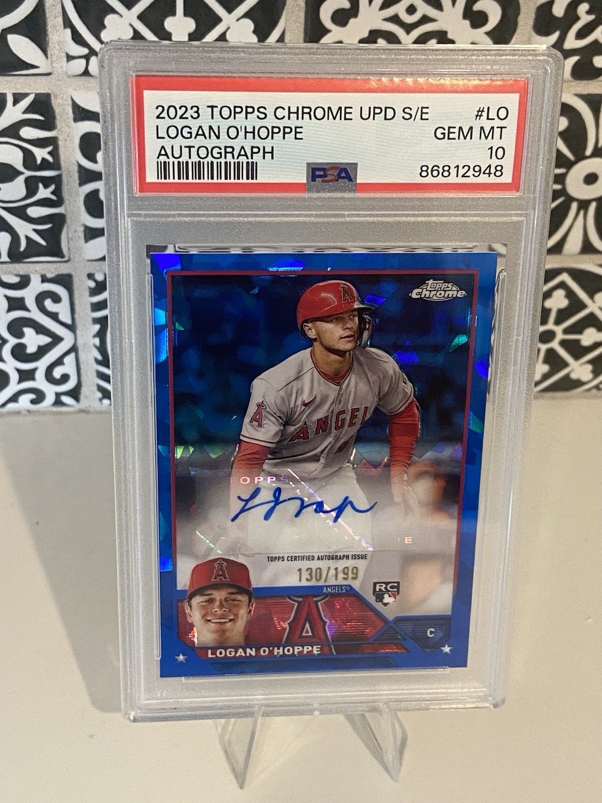2023 Topps Chrome Update Sapphire Logan O'Hoppe RC Auto /199 Angels PSA 10 GEM