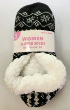 Women's Sherpa Lined Slipper Socks Black White Fair Isle Non Skid Grip Sole Size