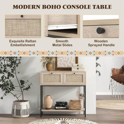 Costway 31.5 in. Oak Rectangle Wood Console Table with 2 Rattan Drawers, Open - Picture 4 of 9