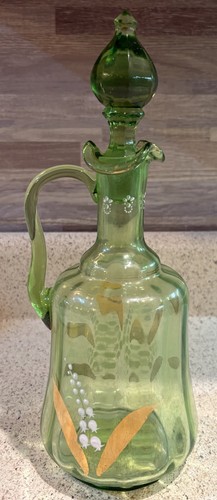 Antike grüne Glas emailliert Maiglöckchen Design Karaffe mit Stopfen - Bild 3 von 11