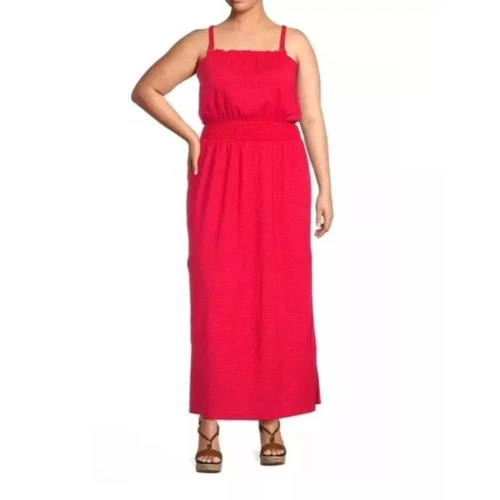 MICHAEL MICHAEL KORS Maxi Abito da Sole Smocked Grande Rosso Geranio Tank Nuovo con etichette