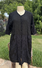 JOHNNY WAS BLACK EMBROIDERED CUTOUT FLOWER DETAIL BUTTON FRONT SHIRT DRESS Sz S