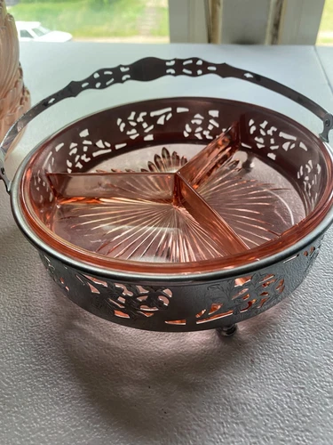 Vintage Pink Glass Divided Server Candy Nut Olive Pickles etc Dish