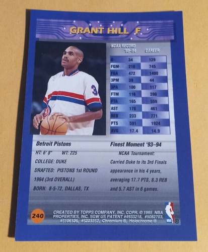1994-95 Topps Finest Grant Hill Rookie Card #240 w/ Protective Coating - Pistons - Picture 2 of 2