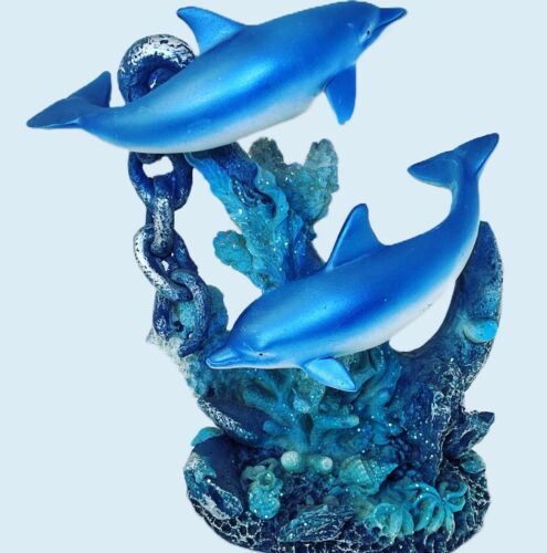 Blue Dolphins Chain and Anchor In Glittering Reef Resin Figurine - Afbeelding 1 van 7