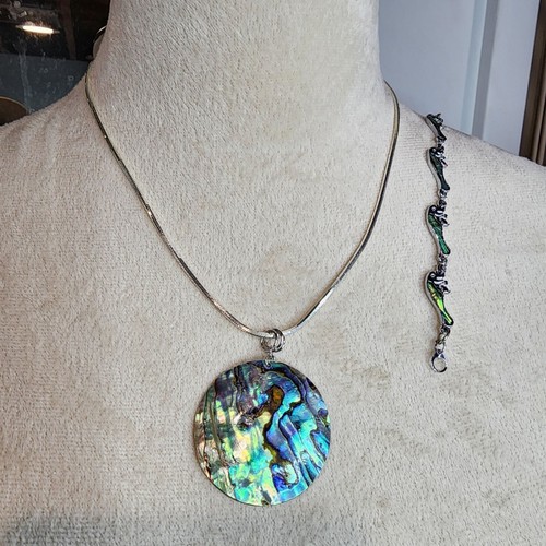 2pc Teal Abalone Shell Sterling Silver Necklace & Dolphin Abalone Bracelet Set - Picture 1 of 9