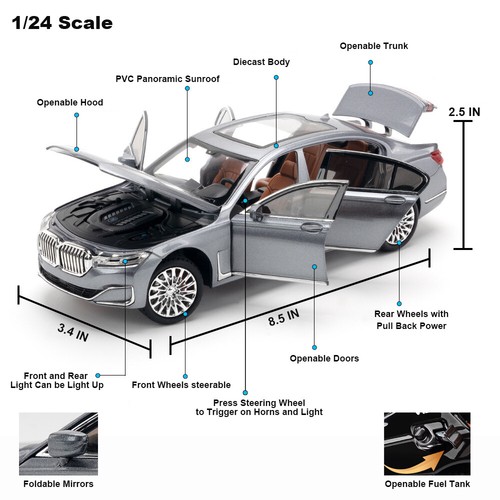 1/24 BMW 760 Diecast Model Car Toy Collectible Pull Back Sound&Light Kids Gift - 第 2/13 張圖片
