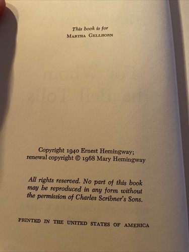 For Whom the Bell Tolls by Ernest Hemingway Novel Hardcover 1968 - Picture 4 of 4