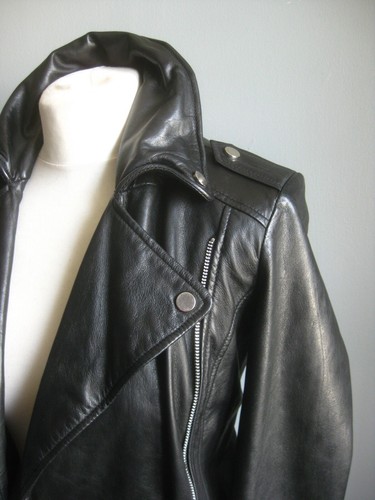 MANGO LEATHER BIKER JACKET punk small 8 6 black distressed cropped rock chick - Picture 4 of 23
