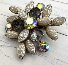 Vintage AB Aurora Borealis Molded Crinkle Lava Rock Rhinestone Flower Pin Brooch
