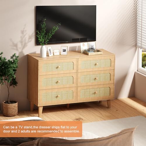 Rattan Drawer 6 Dresser for Bedroom, Mid-Century Modern Chests of Drawers - Picture 7 of 8