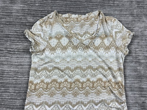 Gloria Vanderbilt Top Womens Medium Brown Rhinestones V-Neck Beaded Casual - 第 2/9 張圖片