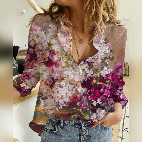 Damen Shirts Langarm Bluse Frauen Locker Büro Revers Ausschnitt Oberteile Knopfleiste - Bild 22 von 42