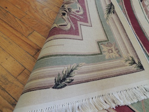 French 9x12 French Pakistani Pile Aubusson Oriental Rug wool Green Rust Ivory - Picture 11 of 15