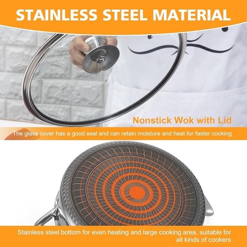 Stainless Steel Sautepan 12 In Deep Frying Pan 6 Quarts Nonstick Skillet W/ Lid - Picture 7 of 8