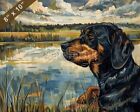 Black and Tan Coonhound painting by a tranquil pond 8x10 Print