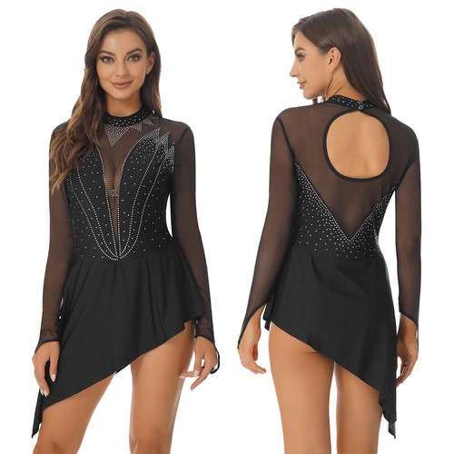 Women's Halter Rhinestone Mesh Dance Dress Gymnastic Leotard Performance Costume - Picture 39 of 52