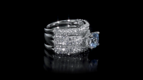Amour Silber 3 3/4 kt TGW Aquamarin erstellt weißer Saphir Braut Ring Set - Video 1 von 1
