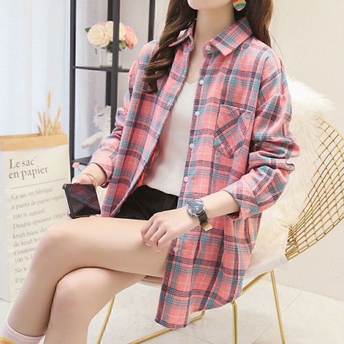 Womans Ladies Long Sleeve Check Blouse Plaid Shirt Button Casual Tops Plus Size~ - Picture 4 of 15