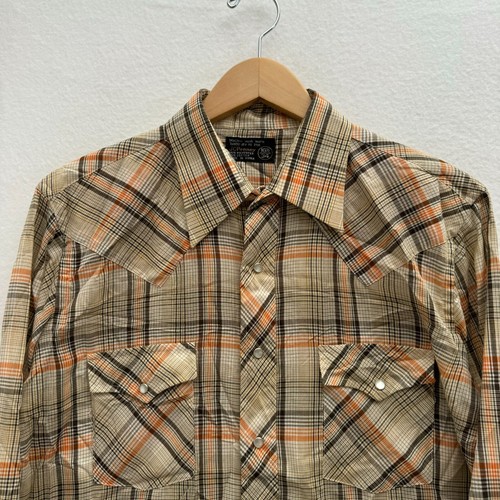 VTG JCPenney Men's L 16.5-34 Western Pearl Snap Cream Tan Orange Plaid 80s 90s - Picture 2 of 9