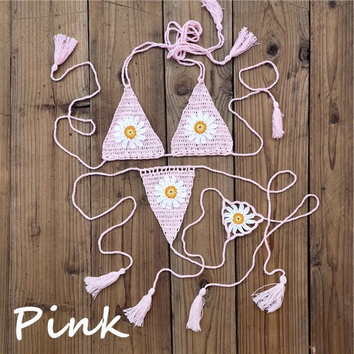 13Color Hand Crochet Thong String Daisy Applique Mini bikini Swimwear Sunbathing - Picture 20 of 25
