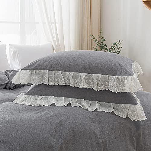 Softta Vintage 3Pcs Duvet Cover Bedding Set White Lace Ruffle Queen Formal Grey - Picture 6 of 7