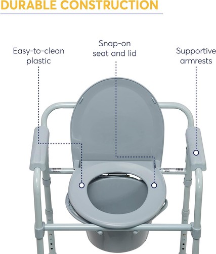 Folding Steel Bedside Commode Chair,Portable Toilet w/ 7.5qt Bucket & 13.5" Seat - Picture 2 of 12