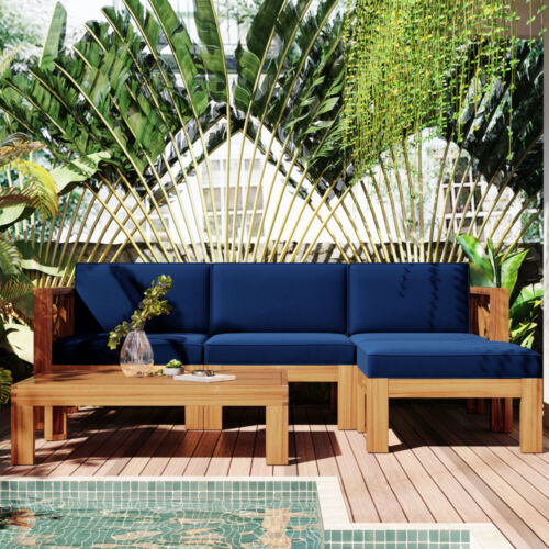 Outdoor Backyard Patio Wood 5-Piece Sectional Sofa Seating Group Set w Cushions - Picture 37 of 60