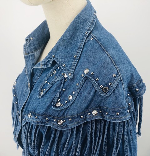 Vestido vaquero vintage con flecos estrás maxi grande azul 1980 vaquera - Imagen 5 de 10