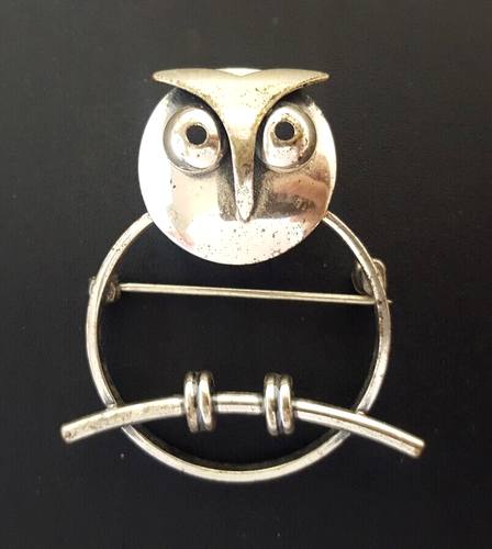 BEAU Sterling Owl Modernist Brooch Bird On Branch Perch Signed Silver Pin - Picture 2 of 16