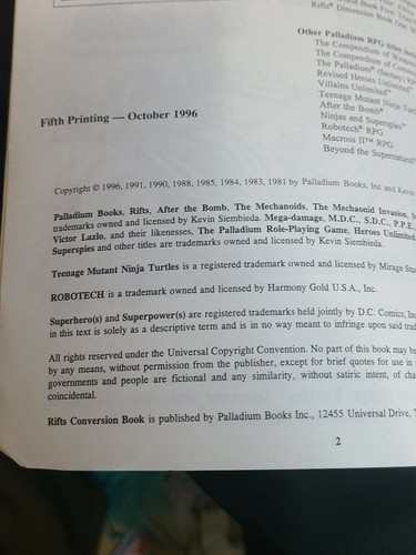 Palladium Books Rifts Conversion Book 5th Printing Oct 1996 Good Used Condition - Bild 6 von 6