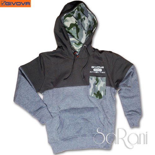 Sweat-Shirt Givova Enfant Coton Gris Militaire à Capuche Lacets Poches 8-16 Âge - Bild 1 von 2