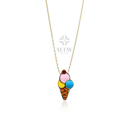 14K Gold Eiscreme Halskette, Eis Anhänger, Eistüte Halsreif, Emaille