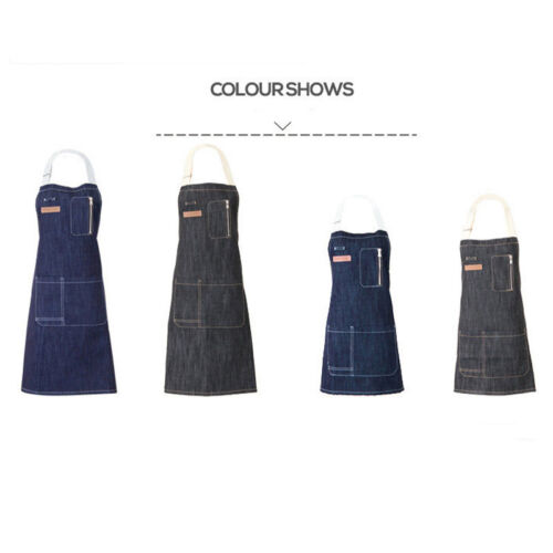 Blau/Schwarz Denim Lätzchenschürze mit Taschenriemen Friseur Barista Florist Koch Uniform - Bild 8 von 17