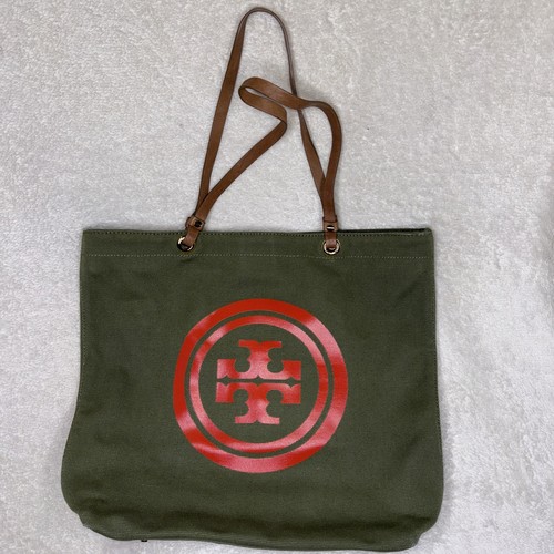 Tory Burch Olive/Green Canvas Tote W/ leather accents and handles 16”
