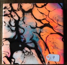 Ceramic Tile Coasters. Pour Painted. Orange/Blue. Resin Finished. Cork Backing.