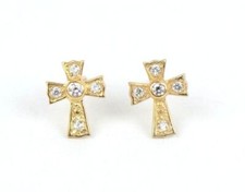 14K Yellow Gold Screw Back Cubic Zirconia Cross Earrings