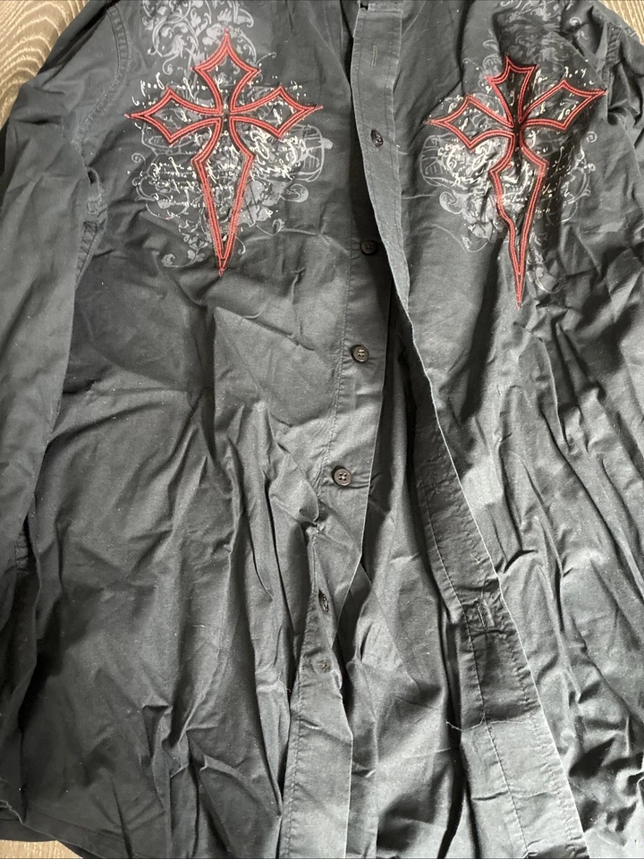 Attitude Gold Redemption Cross Y2K Long Sleeve Button Up Shirt Men's Sz L - Image 3 of 4