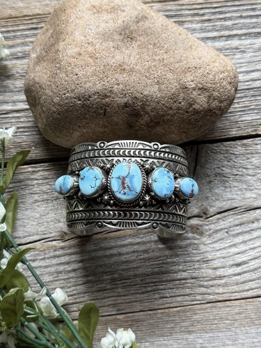 Navajo Sterling Silver Golden Hill Turquoise Cuff Bracelet H Piasso - Picture 3 of 12