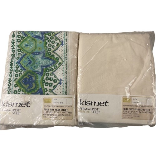 Vintage Sears Kismet Laken Set 2 komplett flach & Spannbett neu aus altem Lagerbestand beige mit grün & blau neu - Bild 2 von 11