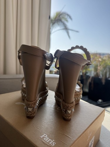 Christian Louboutin Cataclou 140 Calf Rope 3130 Stone/Silver Stud Wedges Summer - Picture 7 of 10