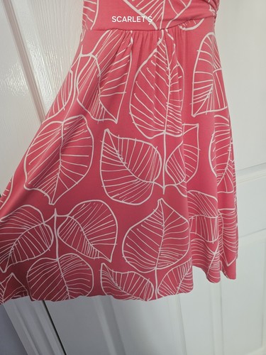 Boden Halterneck Jersey Dress Salmon Leaf Pattern Size 8 Petite Tie Neck - Picture 8 of 11