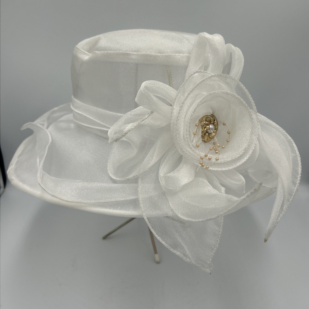 White Organza Derby Fascinator Church Wedding Bridal Wide 