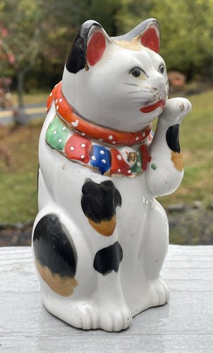 Antike Maneki-Neko japanische Porzellan Kutani Glückskatze handbemalt Figur