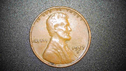 1957 D LINCOLN WHEAT PENNY DIE CHIPS BI N LIBERTY AND 5 ON 1957, DDO